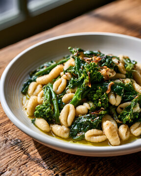 Cavatelli Pasta with Broccoli Rabe and Anchovy Sauce Served on Rustic Table