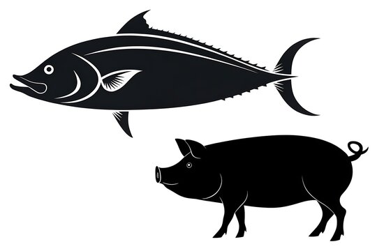 Black silhouette tuna fish and pig illustration
