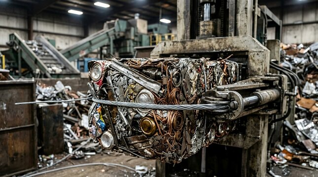 Industrial scrap metal bale secured with automated binding wire in recycling facility close-up