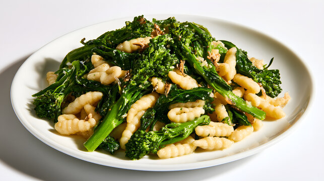 Cavatelli Pasta Tossed with Saut&eacute;ed Broccoli Rabe on a White Plate