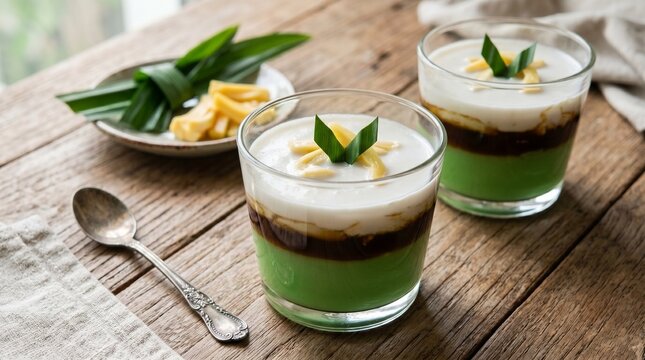 Indonesian kue jongkong, two glass cups of layered green pandan pudding, palm sugar syrup, and coconut cream topped with sliced jackfruit and pandan leaf, served on rustic wooden table.