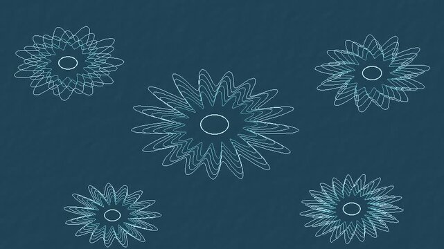 Cool blue and ice guilloche security rosettes blooming in a seamless line pattern