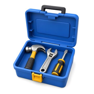 compact open toolbox containing a hammer, a wrench, and a screwdriver 3d rendering isolated on white background plastic style icon	