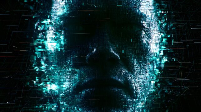 Cinematic Portrait of a Man Dissolving into Cyan Digital Grid Particles and Cybernetic Glitch Art