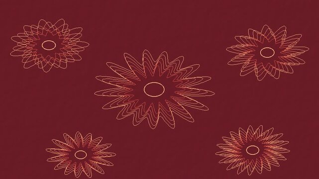 Persimmon orange and burgundy guilloche security rosettes blooming in a seamless line pattern