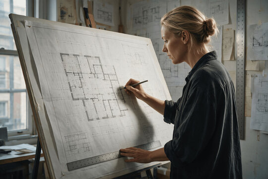 Female Architect Drafting Detailed House Floor Plan with Pencil and Ruler
