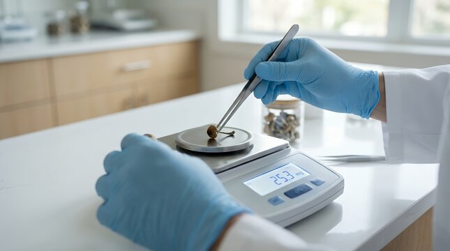 Scientist weighing dried mushroom sample on precision digital scale in laboratory setting.