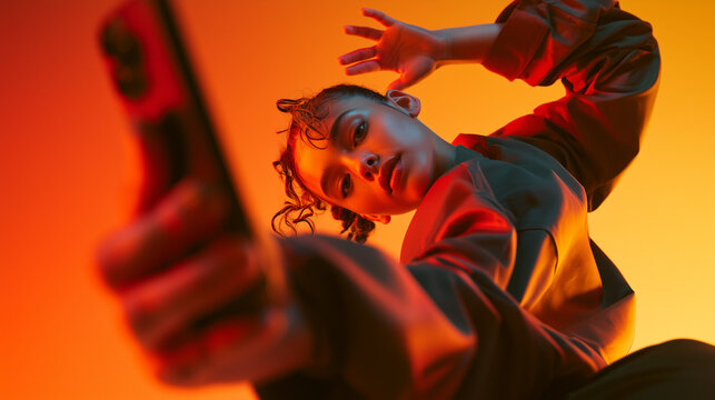 Female dancer reaching toward the camera in a dynamic expressive pose, surrounded by intense orange and red studio light, cinematic close-up emphasizing movement, performance and modern creativity