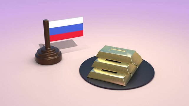 Russian flag with gold bars, national gold reserves and wealth concept, financial stability of Russia, 3D render of bullion and flag