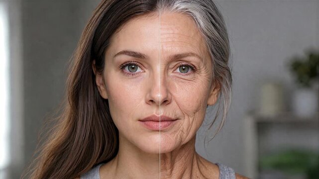 A split-screen comparison showing the progression of a woman's facial features and skin texture over time, illustrating the aging process