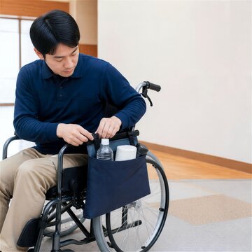 車いす利用者が避難ポーチを固定する