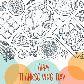 Happy Thanksgiving Day vector square banner. Naive detailed line art elements with roast turkey, pie, corn and pasta on pastel background