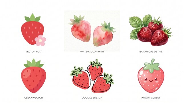 Collection of strawberry fruit illustrations in different graphic styles vector set