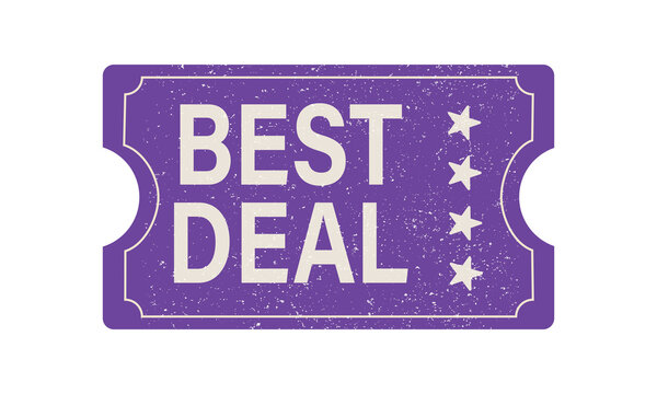 Purple vintage ticket icon with the text best deal and four stars, isolated on transparent background