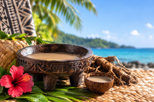 National drink kava in a wooden bowl with roots and hibiscus flower, Fiji culture celebration background.