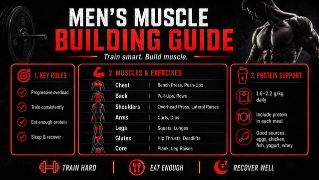 Men&rsquo;s muscle building infographic with workout principles, nutrition guidance, training schedule and recovery tips for strength, fitness and bodybuilding.