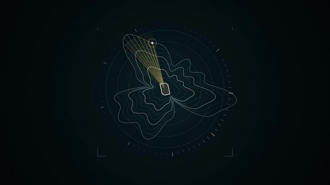Abstract animated depth sounded across a bathymetric scan drawn as cool blue-white lines and shapes on a deep dark background. Seamless looping 4K motion graphics video with free space for text, ideal
