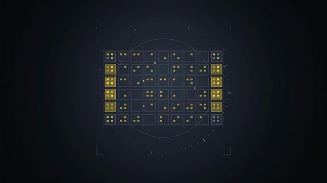 Abstract animated city blocks lighting up across a grid drawn as yellow and gold lines and shapes on a deep dark background. Seamless looping 4K motion graphics video with free space for text, ideal f