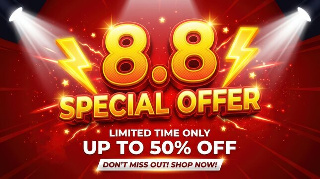 88 shopping day sale banner template with 3d text special offer discount promotion on red stage background with spotlights