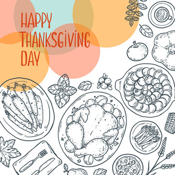 Happy Thanksgiving Day vector square banner. Naive sketch elements with roast turkey, carrot, pumpkin and coffee on pastel background
