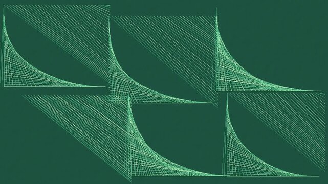 Jade green and cream parabolic string art woven from moving straight lines