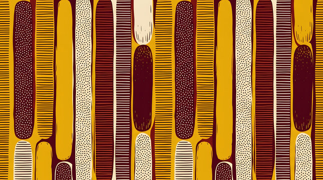 African inspired tribal pattern background | Abstract hand drawn vertical oblong shapes | Earth tone ethnic textile design | Mustard yellow and maroon seamless motif