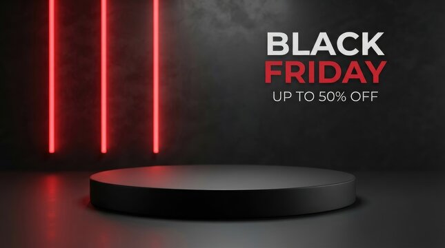 Black friday sale podium with red neon lights on a, display for product and promotional offers with 50 percent discount black friday