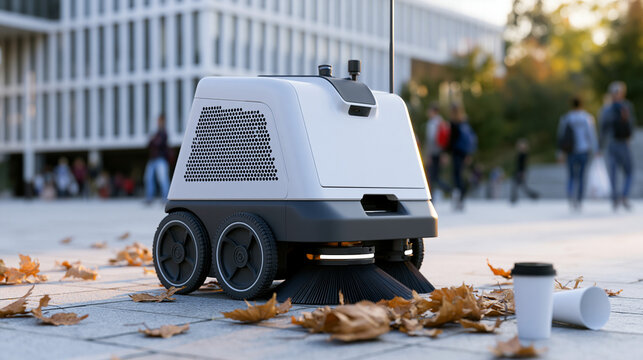Autonomous outdoor street sweeping robot cleaning dry autumn leaves on public pavement plaza.