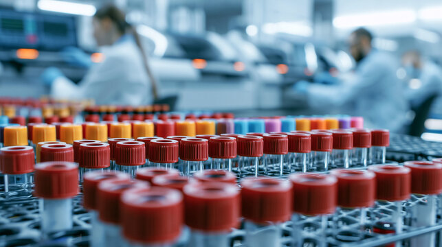 Close up of blood test tubes rack in medical laboratory with scientists blurred in background.