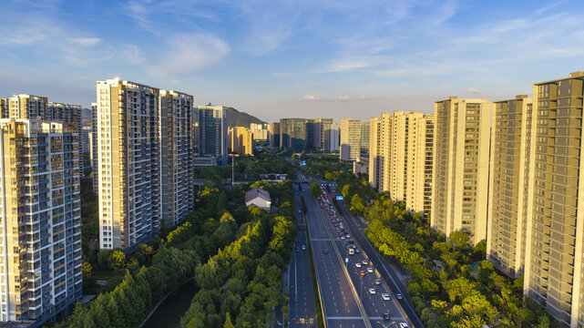 Modern residential skyline and boulevard in Gongshu District, Hangzhou, China