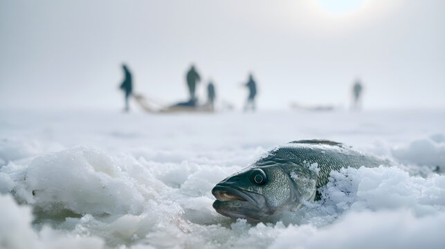Cinematic close up of a frosty perch fish in icy slush with people ice fishing under hazy winter skies