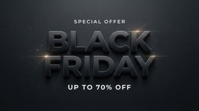 Black friday special offer with bold typography and up to 70 percent discount text on a textured with subtle light flares and particles black friday