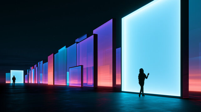 Long corridor of glowing cyan, blue, violet and pink architectural portals with a silhouetted woman, futuristic reflective environment conveying innovation, exploration, choices and the future