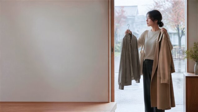 寒暖差に合わせて二種類の上着を選ぶ女性