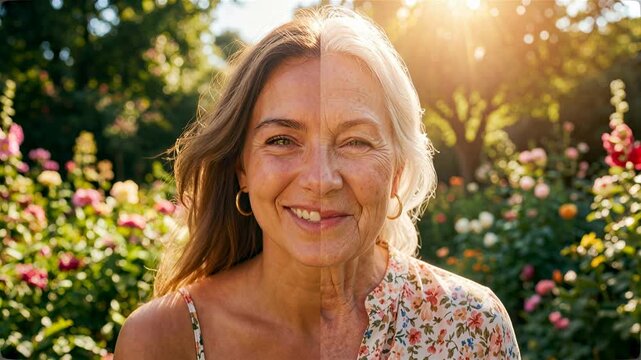 Split screen of a young and older woman's face. Joyful woman smiling in a sunlit garden with blooming flowers
