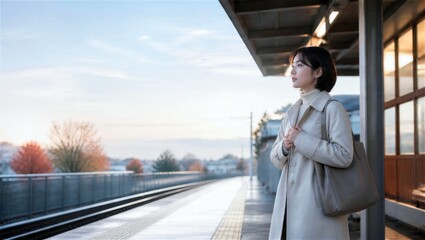 Fototapeta premium 秋の駅ホームで薄手コートを着る通勤女性