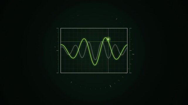 Abstract animated waveform looping across an oscilloscope drawn as cool blue-white lines and shapes on a deep dark background. Seamless looping 4K motion graphics video with free space for text, ideal