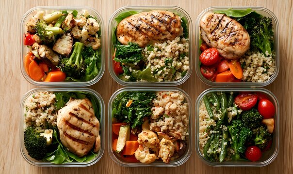 Gesunde Meal Prep Beh&auml;lter mit Gegrilltem H&auml;hnchen, Quinoa und Gem&uuml;se f&uuml;r Fitness-Blogs, Ern&auml;hrungsberater und Rezept-Webseiten