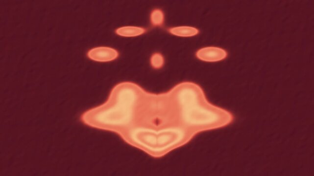 Persimmon orange and burgundy Rorschach inkblot symmetry blooming in a seamless surreal background