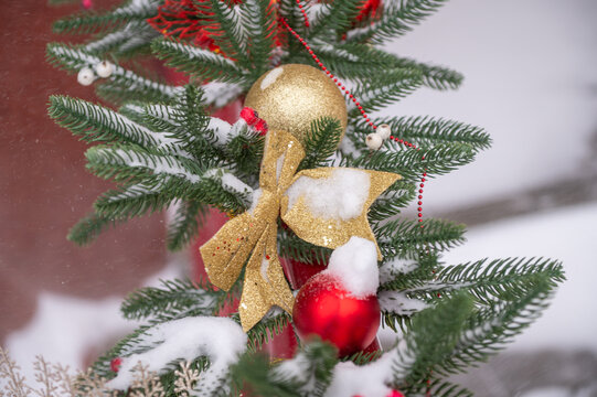 Snow-covered christmas ornaments on evergreen branches