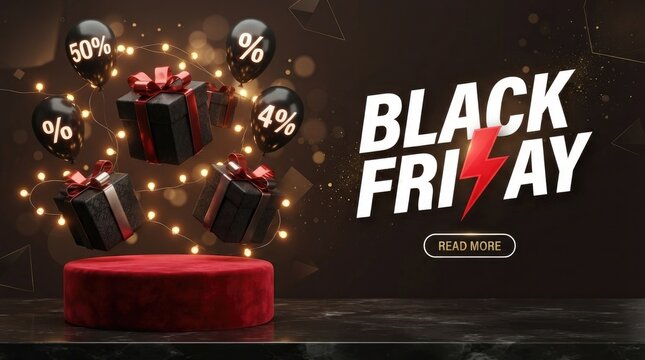 Black friday sale with red velvet podium, floating black gift boxes with ribbons, percentage balloons, and lightning bolt on marble black friday