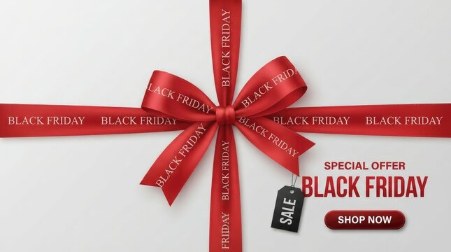 Black friday sale with a red gift ribbon bow and a price tag, on black friday