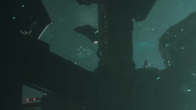 A space station is visible in the foreground with asteroids floating nearby. Stars fill the dark background, creating a scene of distant celestial objects and vast space.