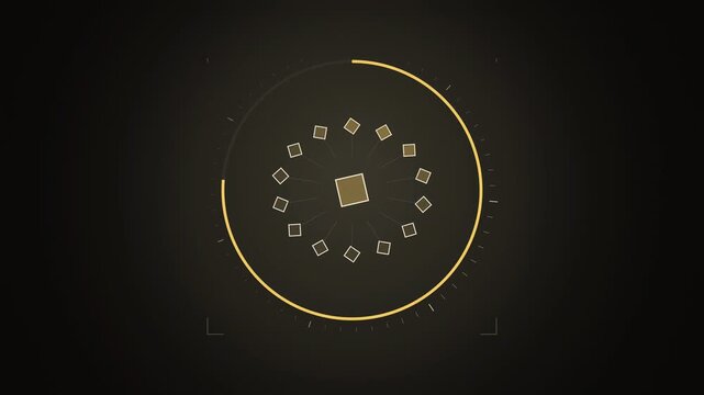 Abstract animated blocks collapsing as data compresses drawn as yellow and gold lines and shapes on a deep dark background. Seamless looping 4K motion graphics video with free space for text, ideal fo