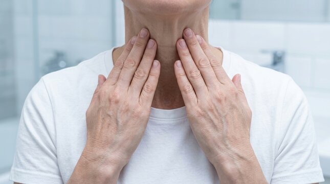 Close up of woman hands touching neck for thyroid or lymph node check