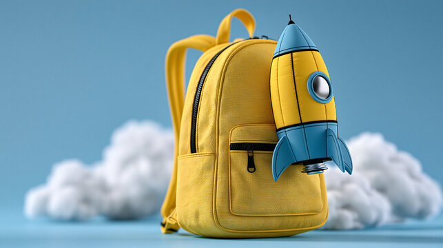 Yellow rocket backpack launching into space with cotton clouds, creative back to school concept for children, defocused imaginative educational visualization, with copy space