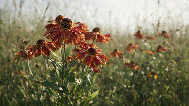 Bronze helenium sneezeweed flowers blooming in a sunny meadow during the late summer season with soft blurred background flowers bloom sunlit