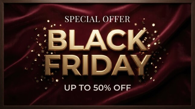 Black friday special offer with gold text on a luxurious red velvet with golden confetti stars black friday