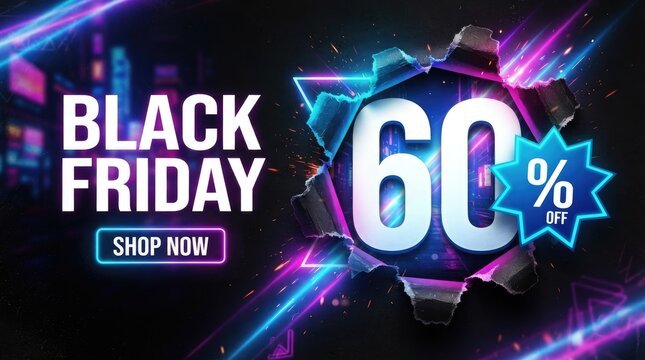 Black friday sale with 60 percent off discount, neon glowing, futuristic with light streaks and elements for promotional marketing black friday
