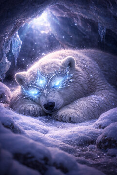 Polar bear sleeping on snowy ice cave ground wearing ornate glowing silver mask for fantasy winter illustration